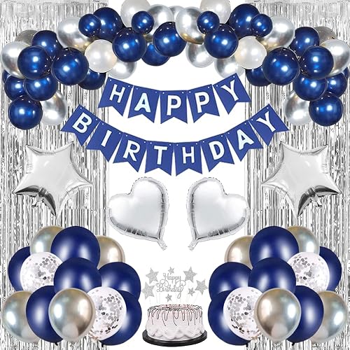 20th Birthday Decorations Kit – Black Blue Silver Balloons, Banner, Fringe Curtains For Men Women Party Supplies