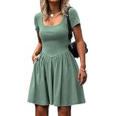 Mieazom Women's Summer Casual Short Sleeve Mini Dress Square Neck A Line Pleated Swing Dresses Basic Short Dress with Pockets