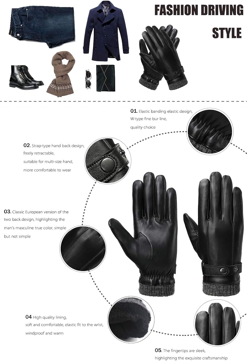 Leather Gloves for Men, with 3M Thinsulate Full-Hand Touchscreen Texting Driving Cold Weather Mittens at  Men’s Clothing store