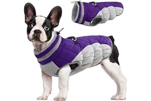 FUAMEY Warm Dog Jacket, Winter Coat with Padded Fleece, Reflective Vest, Built-in Harness, Waterproof & Windproof, Purple, Medium