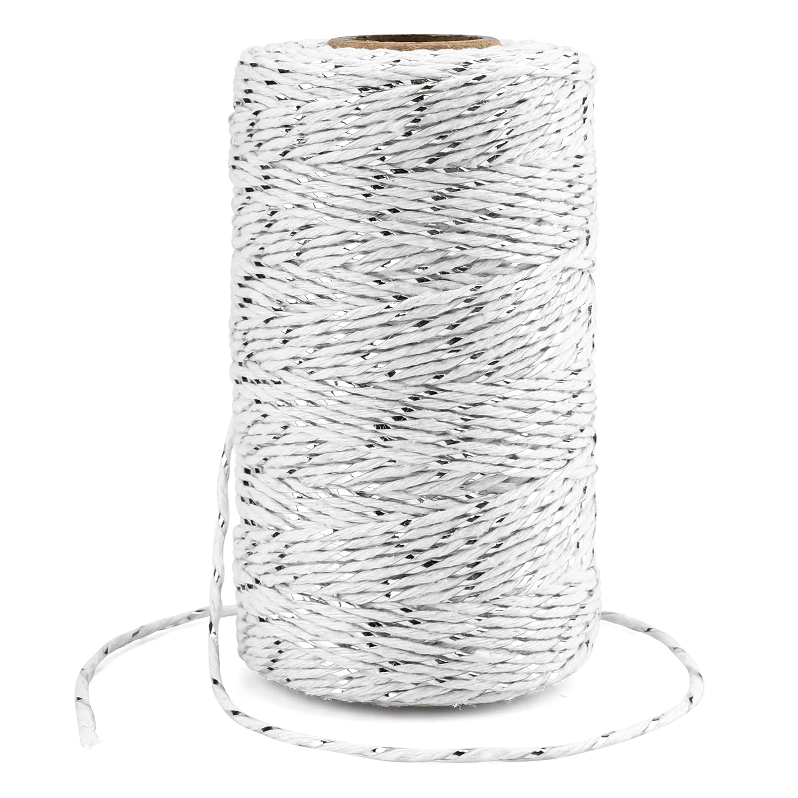 KINGLAKE White Silver Cotton String, 2mm x 100m Christmas Bauble String for Gift Wrapping, Glitter Metallic Bakers Twine for Crafts Xmas Decoration