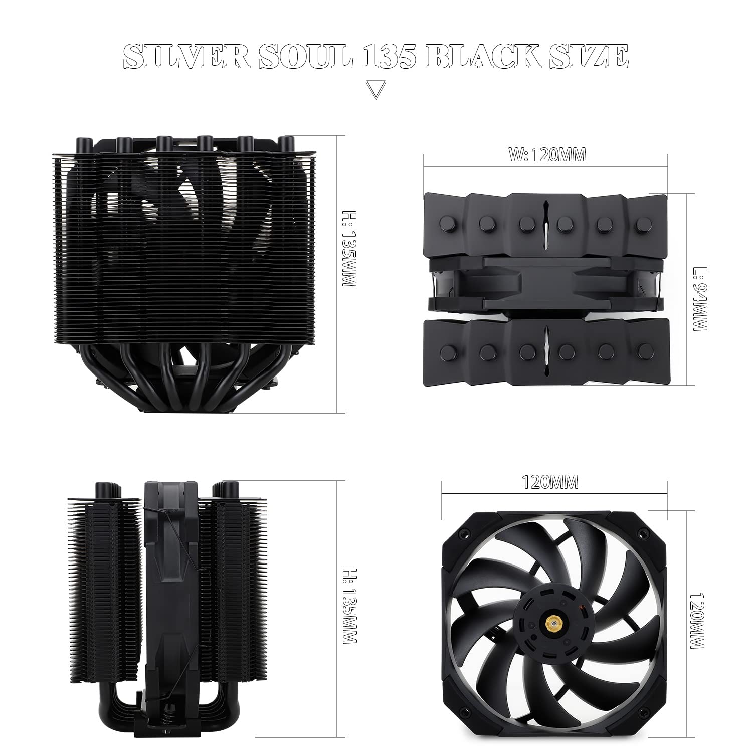 Silver Soul 135 Black Dual Tower CPU Air Cooler, 6x6mm Heat Pipes, TL-D12PRO PWM Fan, Aluminium Heatsink Cover, AGHP Technology, for AMD AM4/Intel 1700/1150/1151/1200/2011/2066/AM5