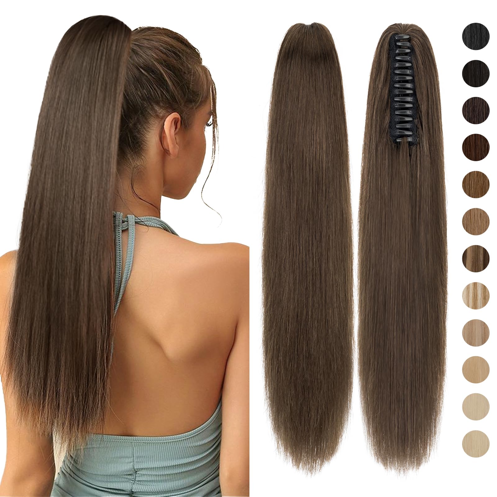 Silk-co Claw on Ponytail Extension Straight Pony Tail Real Remy Human Hair Clip in Hair Extensions 16 inches, #02 Dark Brown — image 1