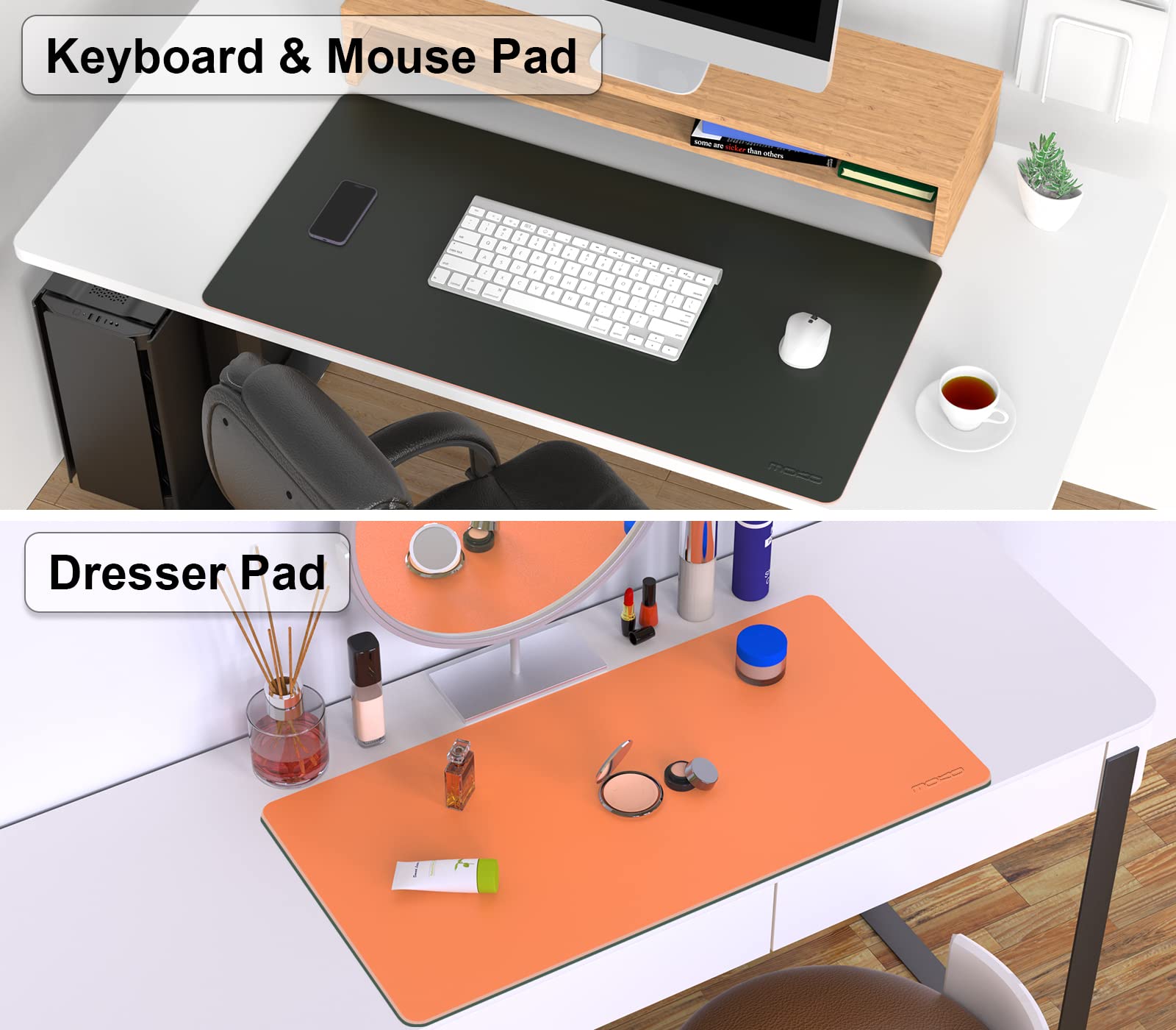 MoKo Desk Mat, Dual-Sided Office Desk Pad Waterproof, Large Protector Mouse Pad for Keyboard and Mouse, Leather Desk Writing Pad Large for Office/Home/Decor, 31.5''x15.7', Army Green/Orange