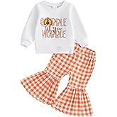 Karuedoo Toddler Baby Girl Thanksgiving Outfit Letter Print Crewneck Long Sleeve Sweatshirt Top and Flared Pants Set