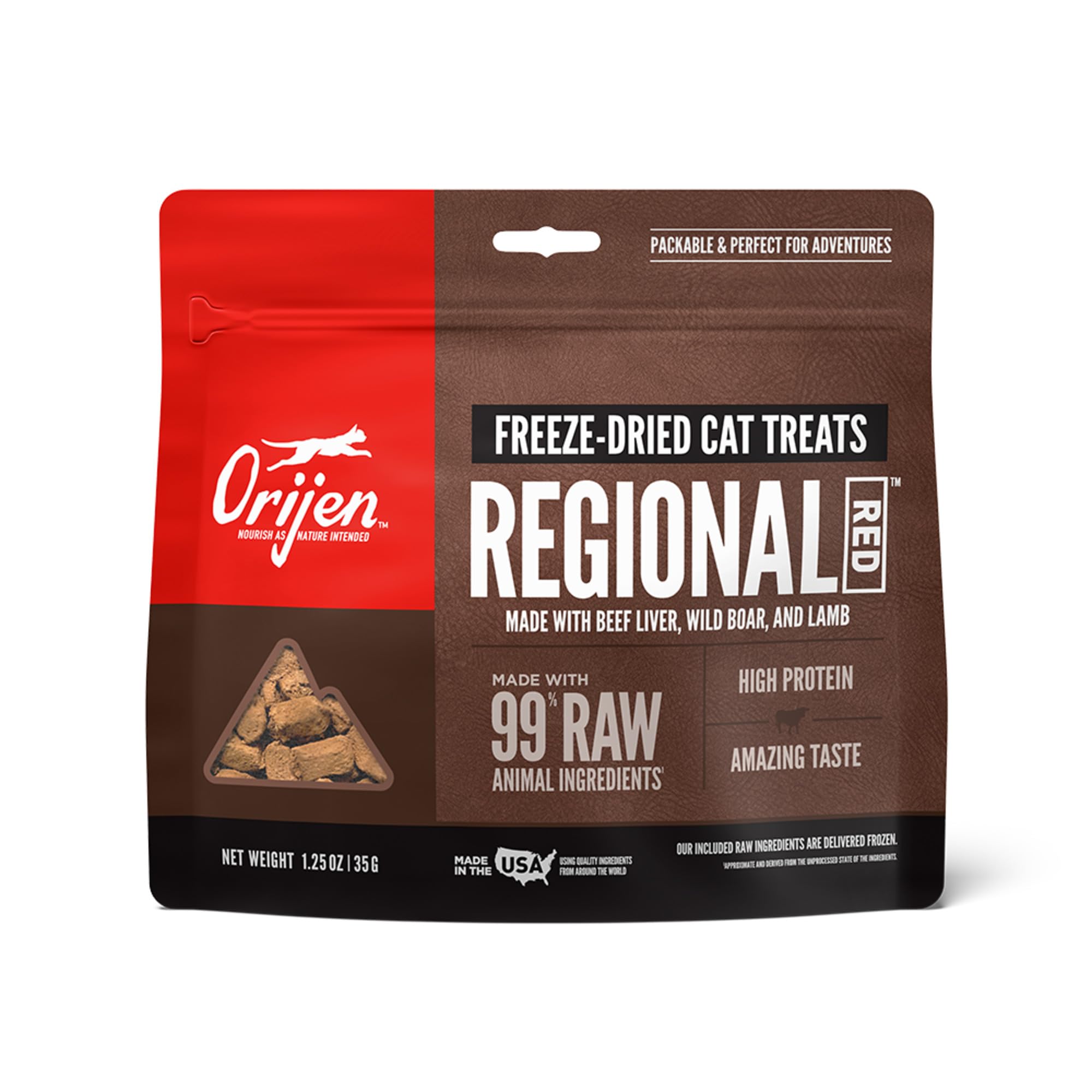 Photo 1 of  PACK OF 2 ORIJEN Freeze Dried Cat Treats Grain Free High Protein Raw Animal Ingredients Regional Red 1.25oz Bag