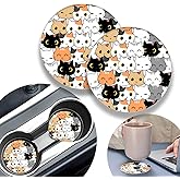 2 Pack Cute Cat Car Coasters,2.75 Inch Car Cup Holder,Universal Rubber Anti-Slip Automotive Drink Soft Cup Mat,Car Interior Accessories for Women Men and Girls
