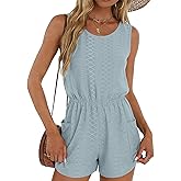 BOMYTAO Womens Sleeveless Romper Eyelet Elastic Waist with Pockets Casual Short Pants Jumpsuit Summer Beach Vacation Outfit