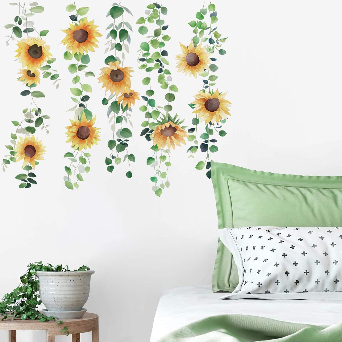 Decalplanet Sunflower Wall Art Stickers Floral Hanging Vine Green Plants Wall Decals for Girls Bedroom Living Room Home Decor