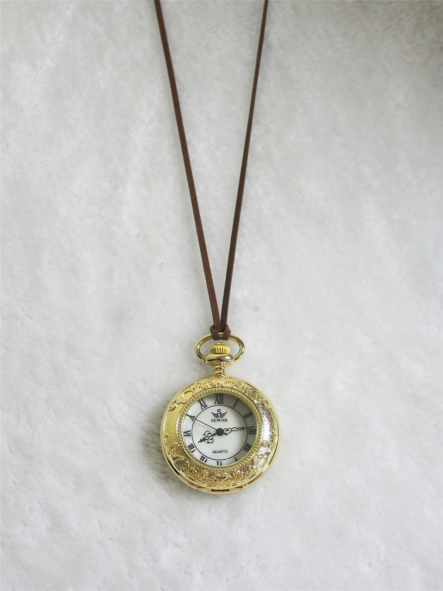 SEWOR Quartz Pocket Watch Shell Dial Magnifier Case with Two Type Chain (Leather+Metal) (Gold)