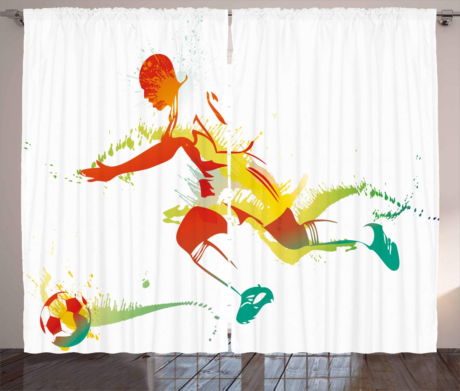 ABAKUHAUS Teen Room Curtains, Young Man Playing Soccer Football Athlete Game Win Champion Paintbrush Artwork, Living Room Bedroom Window Drapes 2 Panel Set, 69 L X 110 W, Multicolor