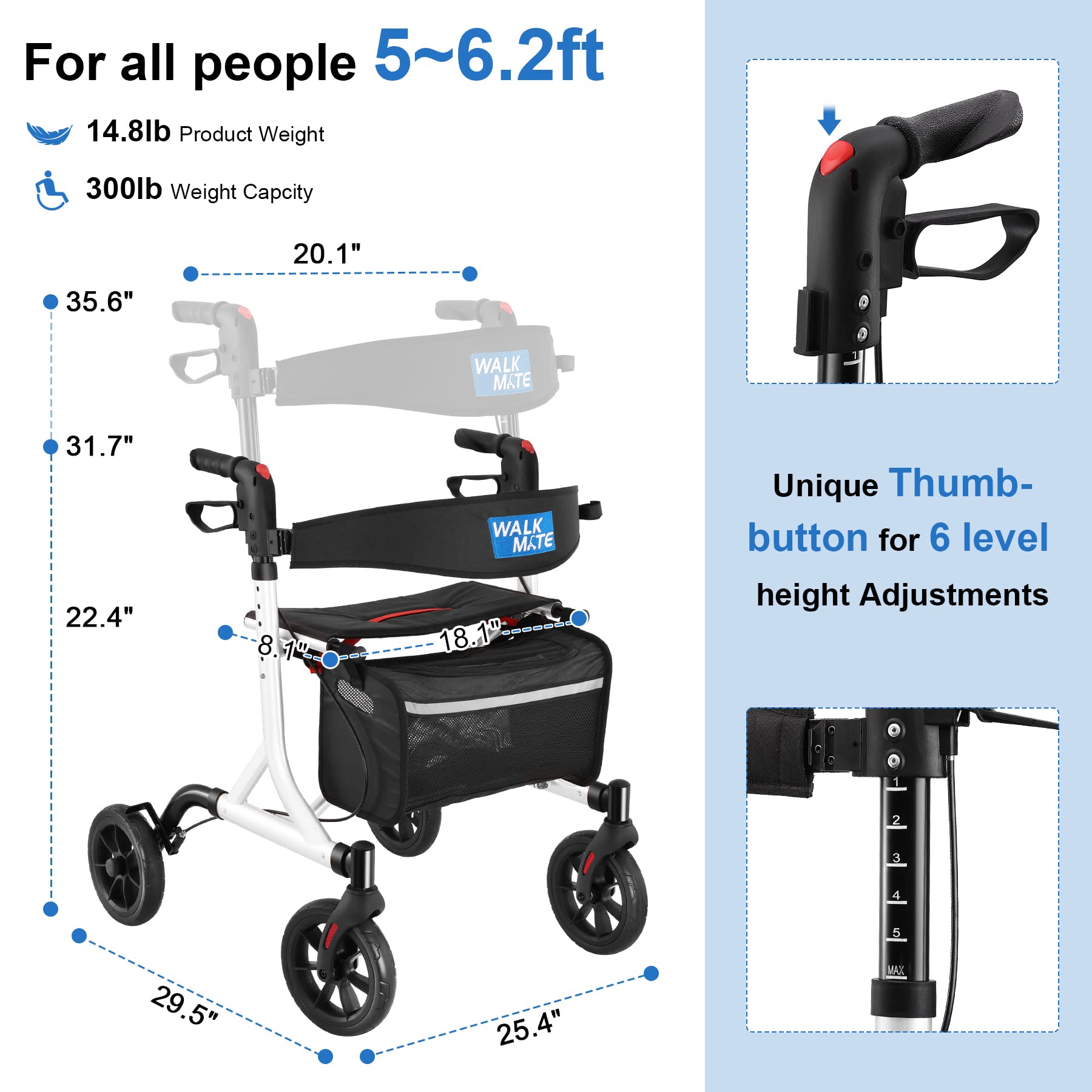 WALK MATE Rollator Walker for Seniors with Cup Holder, Upgraded Thumb Press Button for Height Adjustment, 4 x 8 Wheels Walker with Seat Padded Backrest Folding Lightweight Walking Aid, White
