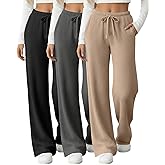 Sweetyweee 3 Pack Women's Ribbed Knit Lounge Pants Comfy Wide Leg Slacks with Pockets Loose Yoga Sweatpants Casual Joggers