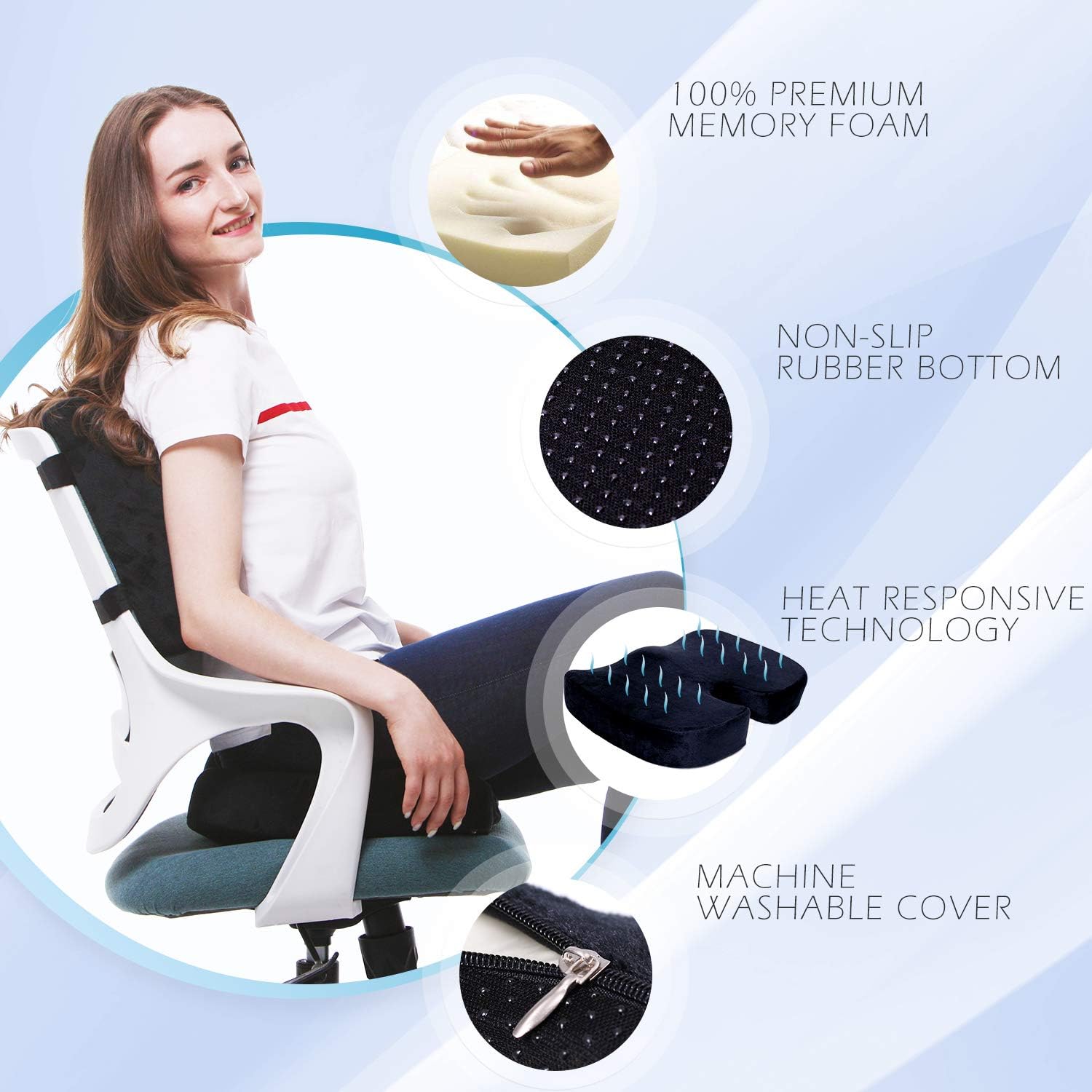 Coccyx Orthopedic Seat Cushion and Lumbar Support Pillow for Office Chair Memory Foam Car Seat Cushion with Washable Cover Ergonomic Desk Chair Cushion for Tailbone, Lower Back Pain, Sciatica Relief: Kitchen & Dining