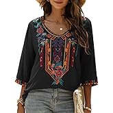 AK Embroidered Tops for Women 3/4 Sleeve Peasant Blouse Mexican Shirts V Neck Traditional Tunic Casual Tops