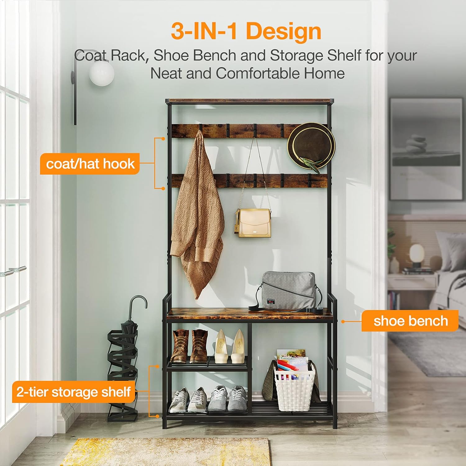ODK 3 in 1 Hall Tree Coat Rack and Shoe Bench Entryway Storage Shelves, Multipurpose Furniture Organizer with Industrial Design Metal Frame, Rustic Brown: Home Improvement