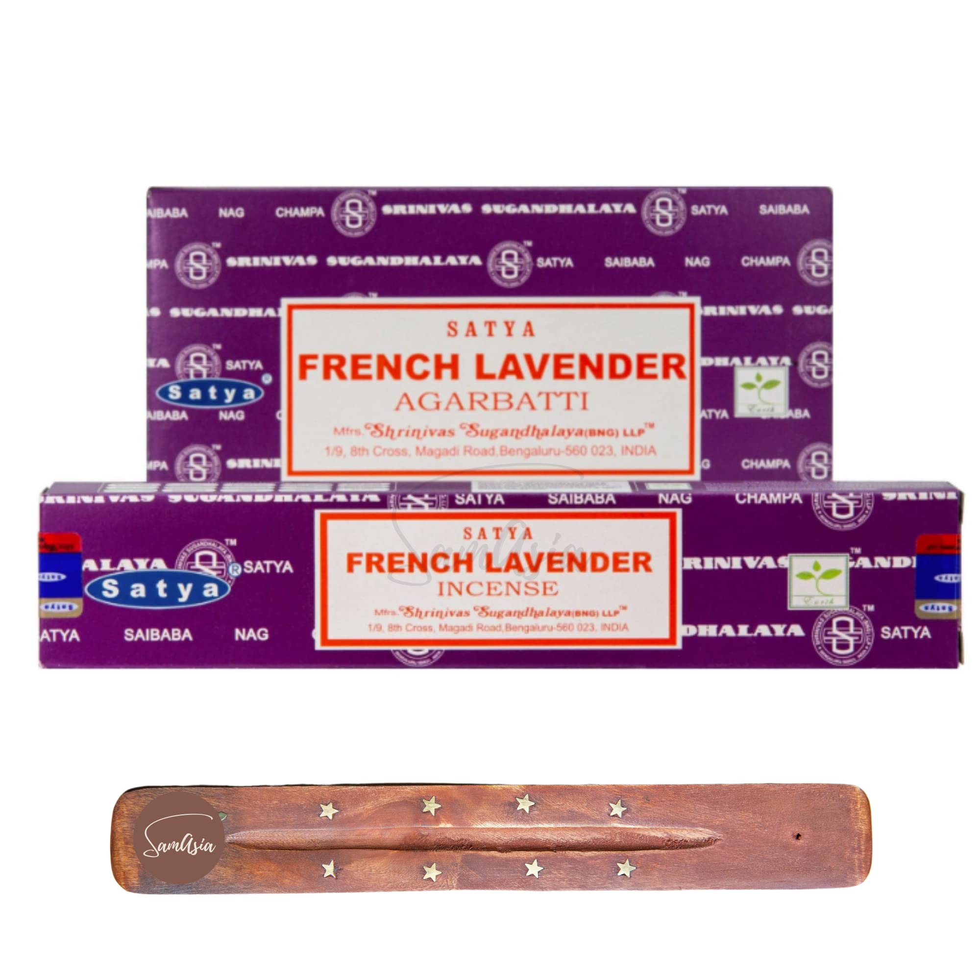 Satya Nag Champa French Lavender Incense Sticks | x12 pack | with SAMASIA incense sticks holder | Used for Fromatherapy, Spa, Yoga, Weddings, Meditation, Healing, Positivity and Relaxation — image 1