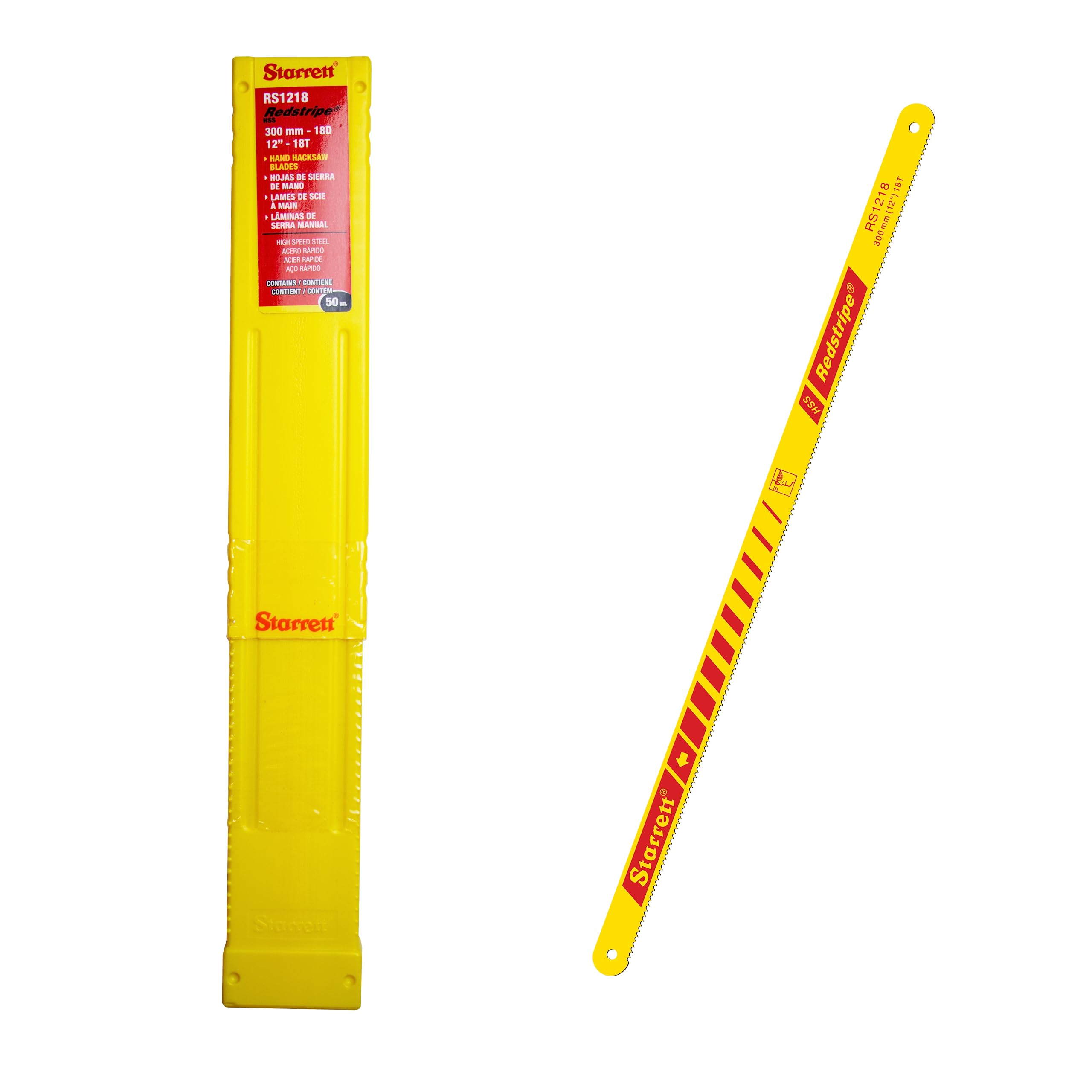 Starrett HSS Hand Hacksaw Blades - 50 Pack RS1218 Redstripe Solid High Speed Steel Straight Cut Hand Saw 300mm/12" 18 TPI Cutting Edge - For Metals, Stainless Steel, Pipes