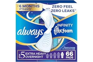 Always Infinity Feminine Pads for Women, Flexfoam Pads with Wings, Size 5, Extra Heavy Overnight Absorbency, Unscented, 66 Count (3 Packs of 22)