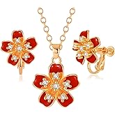 EVEVIC Flower Pendant Necklace Clip On Earrings Set for Women 14K Gold Plated Hypoallergenic Cherry Blossom Floral Jewelry Sets