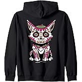Sugar Skull Cat Dia De Los Muertos Halloween Day of Dead Zip Hoodie