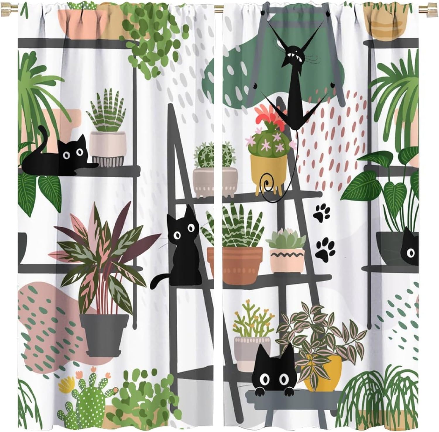 Outdoor Curtains - Potted Plant Curtains Greenhouse Tropical Plant Leaves Fleshy Naughty Black Cat Boho Flowers Cactus Garden Pattern Printed Curtains Bedroom Living Room Decoration Blackout Curtains W52 * L84inch