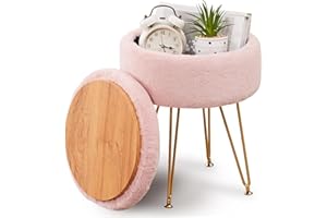 Cplxroc Ottomans Round Faux Fur Ottoman with Storage Footstools Vanity Chair Coffee Table Ottoman for Living Room (Pink)