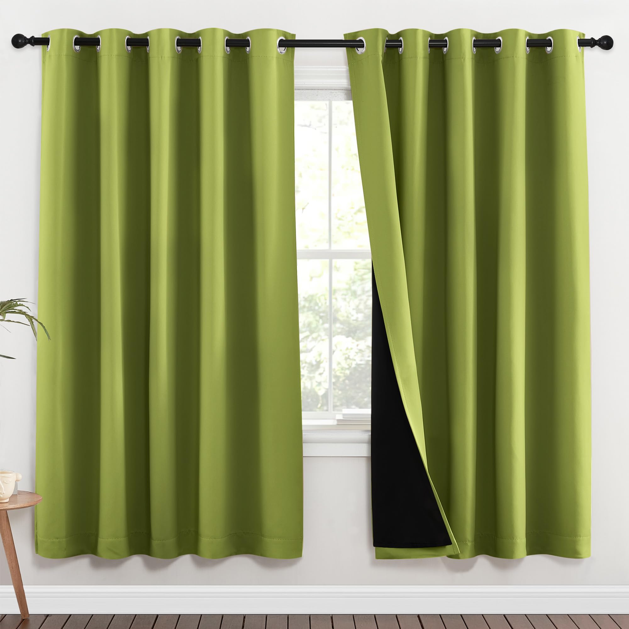 NICETOWN 100% Blackout Window Curtain Panels, Fresh Green, 2 Pieces, 62-inch Wide Per Panel, Full Light Blocking Drapes with Black Liner for Nursery, 72-inch Drop Thermal Insulated Draperies Image
