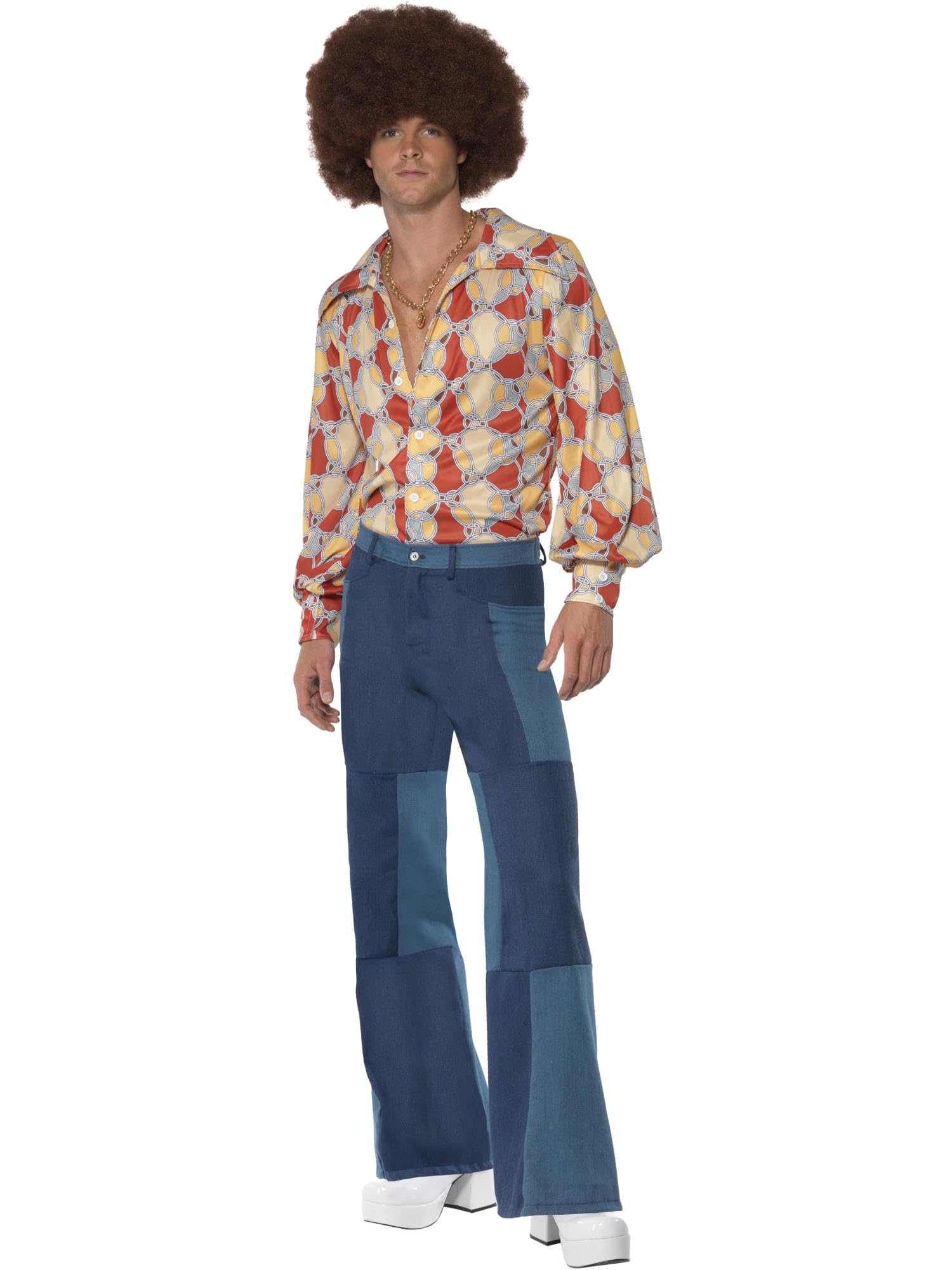 Smiffys 70s Deluxe Flared Trousers, Mens, Blue Patchwork Denim, 1970's Disco Fancy Dress, Adult Dress Up Costumes