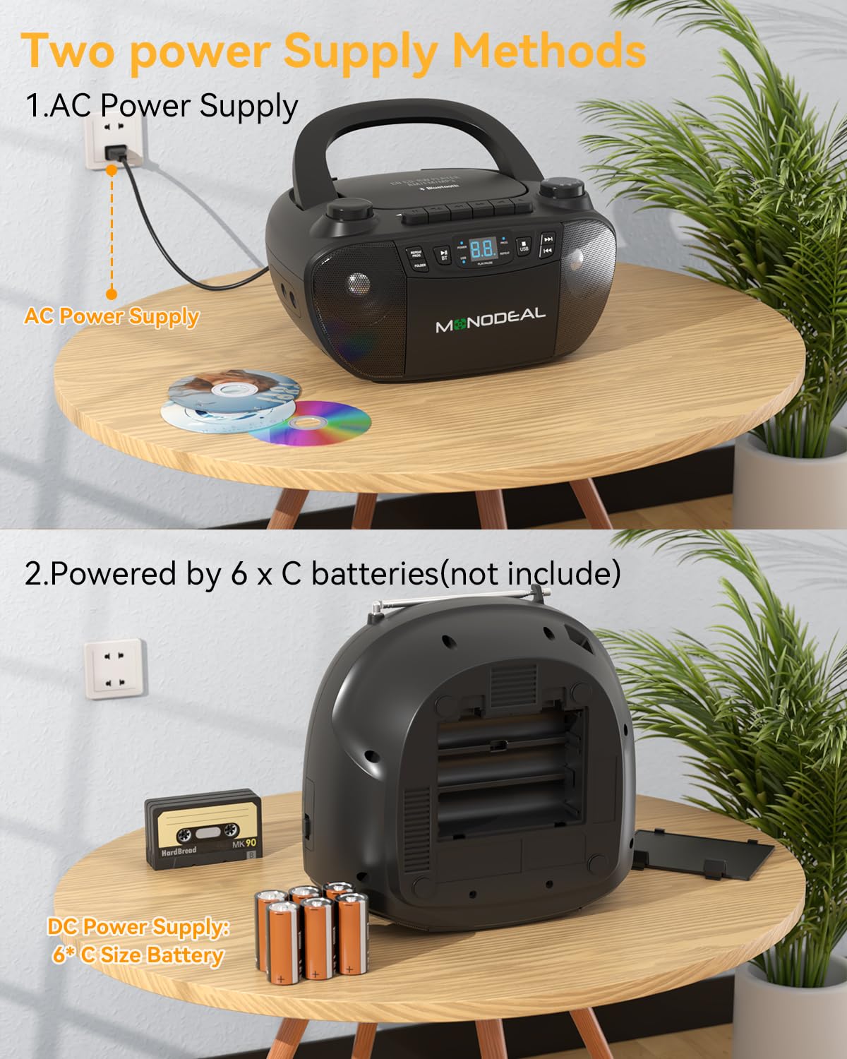 MONODEAL Cassette Tape Player with Bluetooth, Boom Box CD Player AM FM Radio, Multi-Functional CD and Cassette Player Combo,Tape Recording,USB/AUX,AC/DC Power,Headphone Jack for Gift