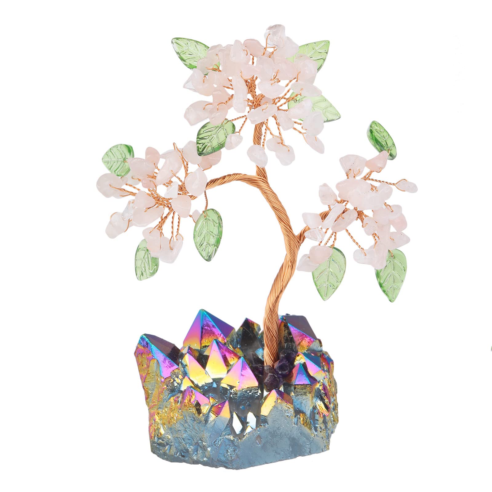Nupuyai Rose Quartz Crystal Money Tree with Rainbow Titanium Crystal Base, Fengshui Tree of Life Figurine Healing Stone Gem Tree Ornament Good Luck Home Office Decor