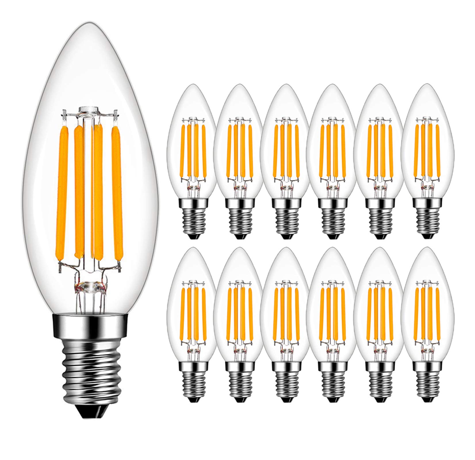 RANBOO E14 LED Filament Bulbs 4W, 40W Clear Candle Bulbs Equivalent, Warm White 2700K Candelabra E14 SES Bulb, Non-Dimmable, 400Lm, LED Light Bulb, Small Edison Screw Candle Light Bulbs, 12-Pack