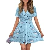 ZWPINITUP V Neck Dresses for Women Short Sleeved Mini Dress Pleated Waist Summer A-Line Dress