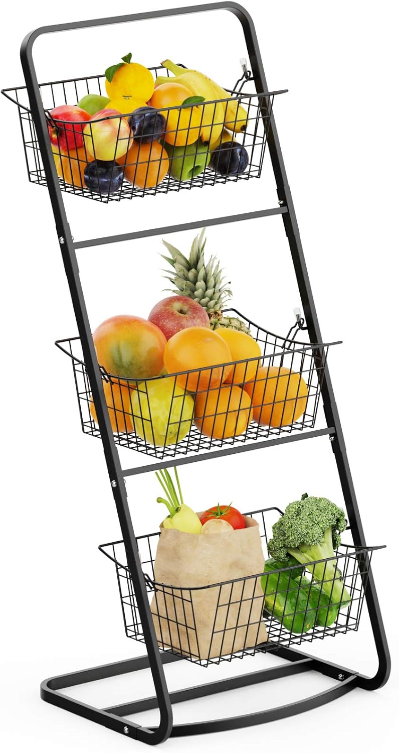 Wire Market Basket Stand, Warmfill 3 Tier Vertical Fruit Basket with Removable Wire Basket for Fruit, Vegetables, Toiletries, Household Items, Metal Hanging Produce Basket for Kitchen, Bathroom, Laundry, Black