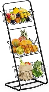Wire Market Basket Stand, Warmfill 3 Tier Vertical Fruit Basket with Removable Wire Basket for Fruit, Vegetables, Toiletries, Household Items, Metal Hanging Produce Basket for Kitchen, Bathroom, Laundry, Black