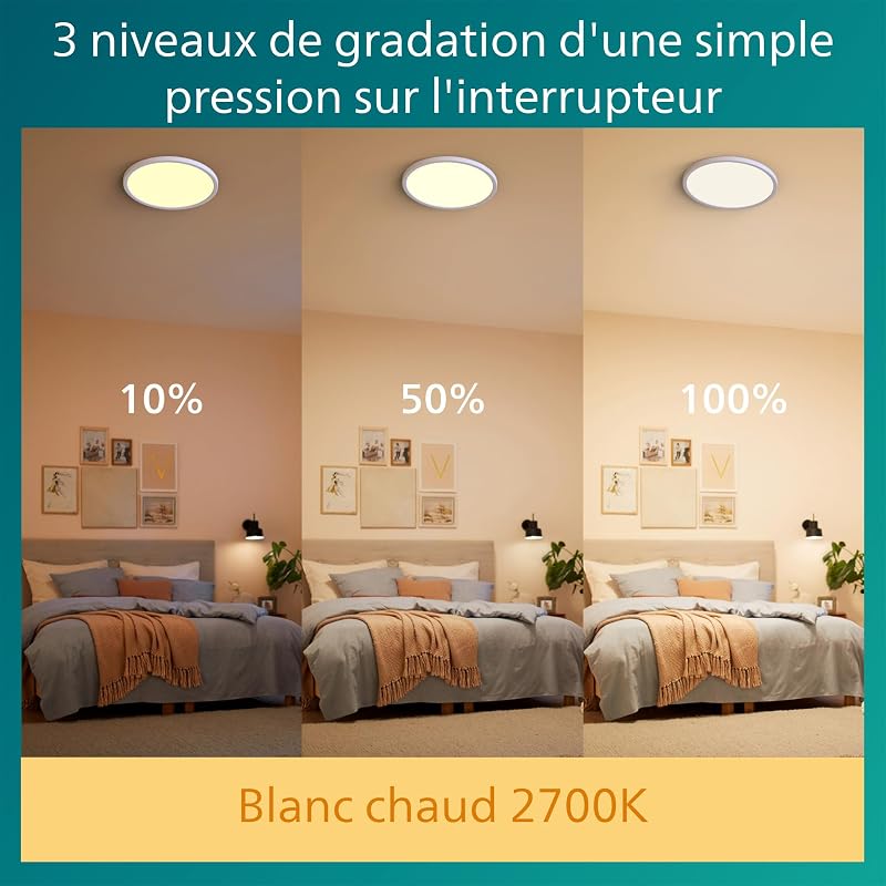 Plafonnier LED Rond (15 W), SceneSwitch intensité variable, 3 ambiances différentes, Blanc Chaud, économe en énergie, EyeConfort, Blanc, 25cm