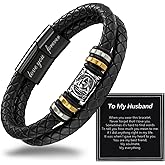 Alissl Mens Leather Bracelet,Black Stainless Steel Double-Row Braided Black Stainless Steel Love You Forever Engraved,Men Valentines Day Ideal Gift for Son & Grandson