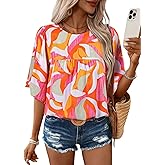 SHEWIN Women's Casual V Neck Floral Print Chiffon Blouses 3/4 Sleeve Boho Summer Tops Shirts