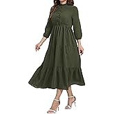 RuoRayVan Women's Fall Button Down Casual Tiered Ankle Length 3/4 Sleeve Elastic A-Line Flowy Formal Dress with Pockets