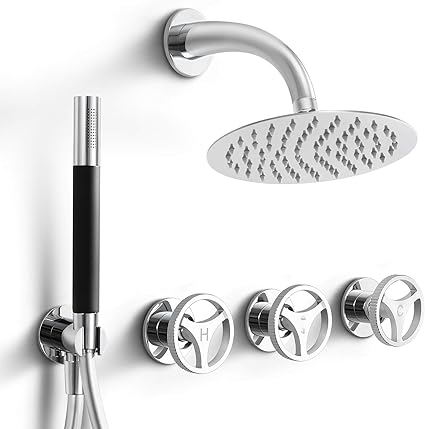 Skowll Rain Shower Set Three Handle Shower Wall Mounted Fixture Set Rainfall Shower 8 Inch Shower Head System With Adjustable Hand Held Sprayer Polished Chrome Finished Amazon Com