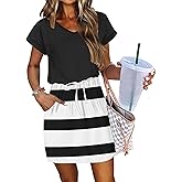 AUSELILY Women's Summer Dress 2026 Short Sleeve Tshirt Drawstring Waist Beach Cover up Casual Mini Short Dresses with Pockets