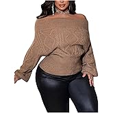 SOLY HUX Plus Size Sweaters for Women Off The Shoulder Long Sleeve Cable Knit Pullover Tops Fall Winter Clothes