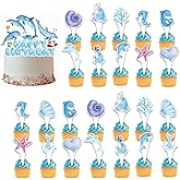 25 PCS Ocean Sea Animal Cupcake Toppers Dolphin Starfish Shell Conch Coral Cupcake Picks Under the Sea Theme Cake Decorations for Baby Shower Birthday Party Supplies Blue