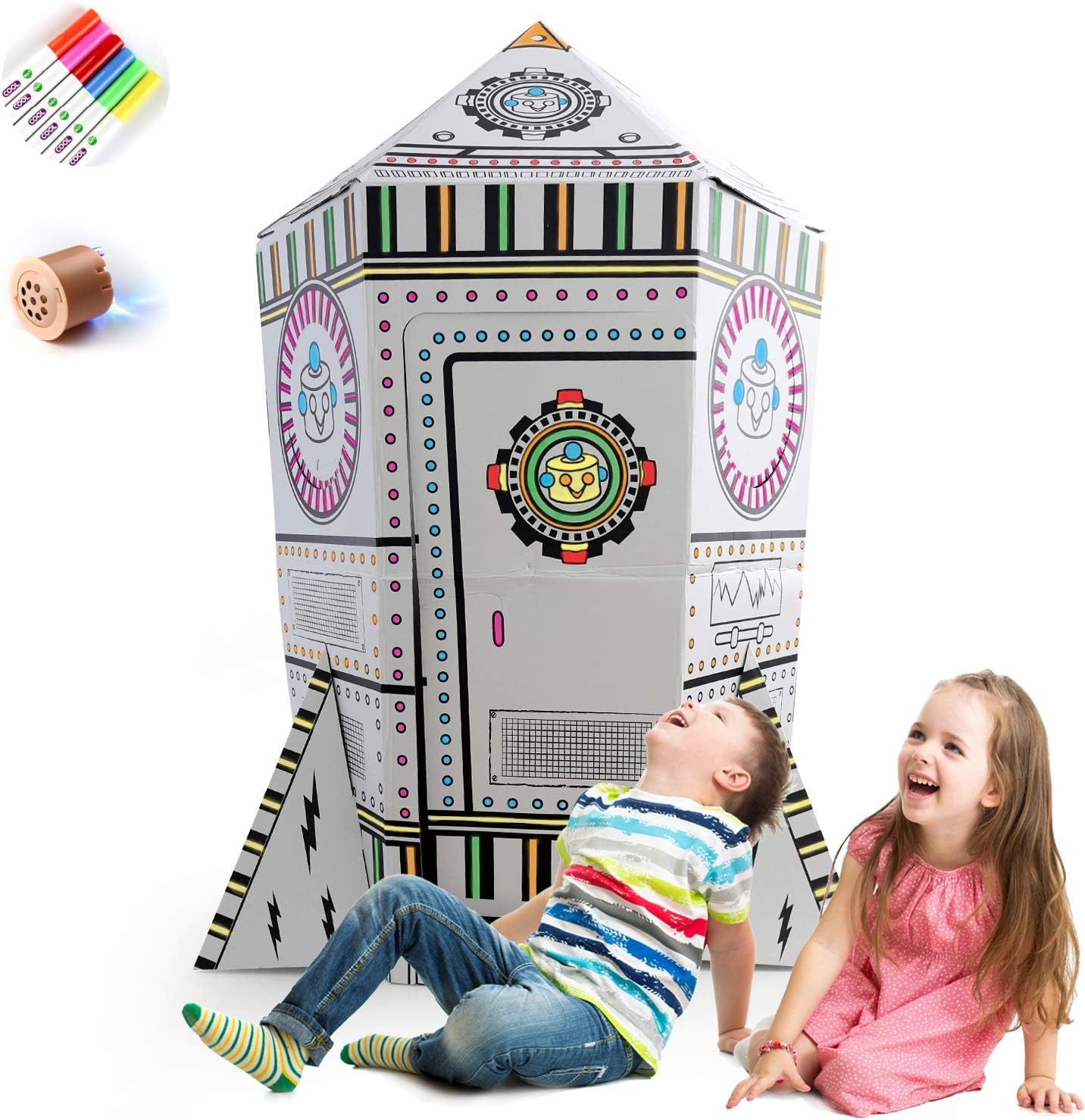 COOLDOT DIY Rocket Playhouse for Kids - Cardboard Playhouse with Light and Music - Early Education Toy for Kids to Color - Includes 6 Easy-to-Clean Tip Pens
