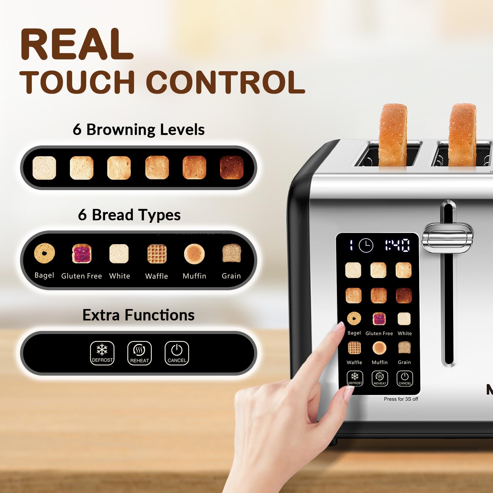 Mecity Tostadora de 4 Rebanadas con Control de Pantalla Táctil, 4 Ranuras Anchas, Tostadora de Pan Inteligente de Acero Inoxidable para Bagels, Muffins, Waffles, Panel de Control Dual, Temporizador, Descongelar, Recalentar, 120V 1650W, Negro Mate