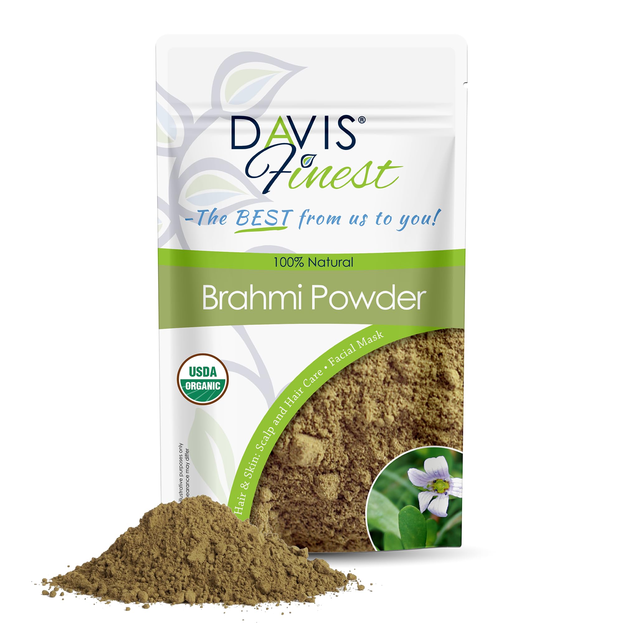 Davis Finest Organic Brahmi Powder 100g, Pure & Natural, Ayurvedic, Hair Growth Hair Mask, Thinning Hair, Reduce Hair Fall, Breakage, Split Ends