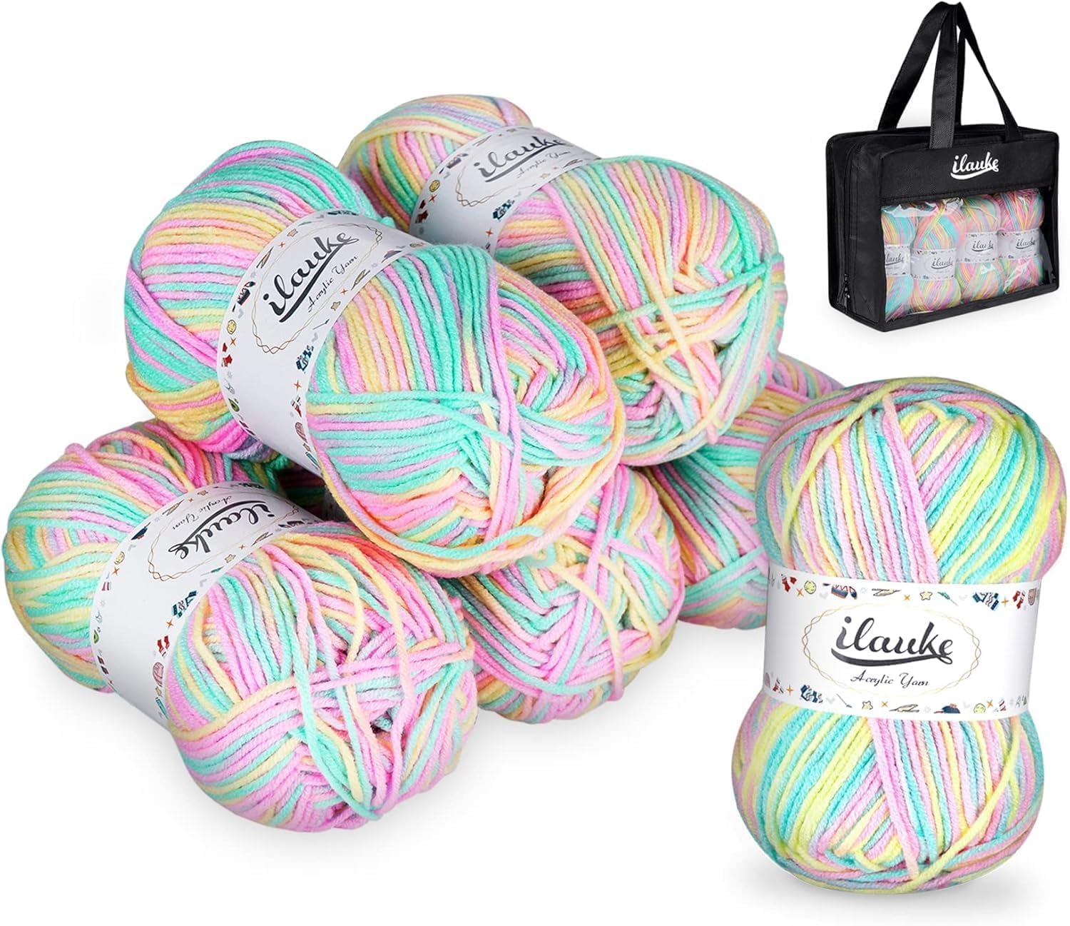ilauke 300G (50Gx6) Wool for Crochet, Double Knitting Wool, Soft and Warm Dk Yarn, Multicoloured Acrylic Yarn, Weaving, DIY Craft Projects, Blankets, Bags(Pink Yellow Blue,4-Ply)