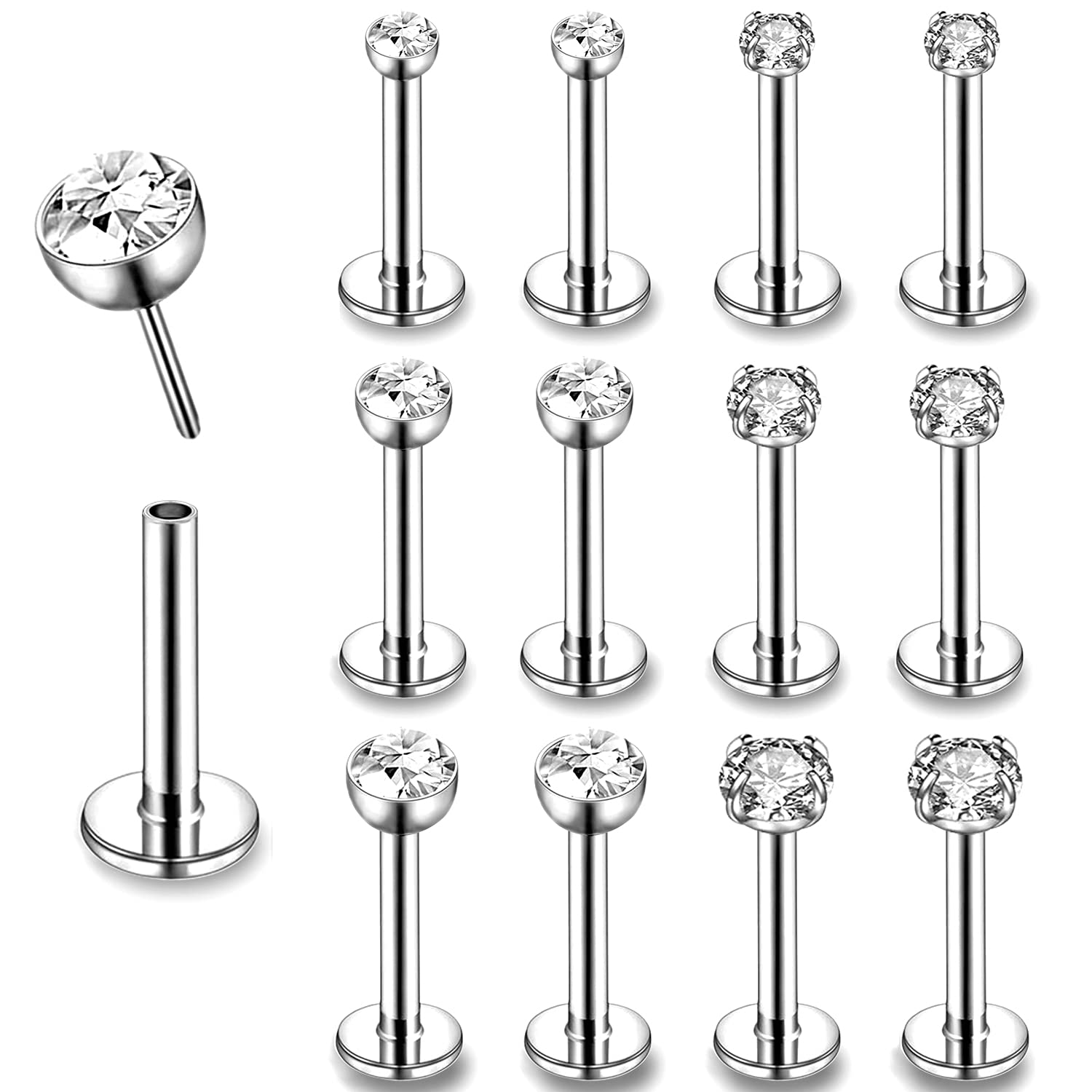 16G Pushin Lip Rings, Stainless Steel Medusa Piercing Jewelry, 2mm 3mm 4mm CZ Forward Helix Earring, Labret Monroe Piercing Jewelry for Women Men (12Pcs Sliver,L:6mm)