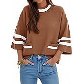 Cicy Bell Womens Oversized Sweater 3/4 Sleeve Mock Neck Color Block Chunky Knit Sweaters Casual Fall Pullover Tops