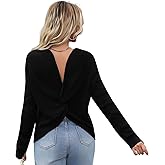 Women's Casual V Neck Criss Cross Backless Long Batwing Sleeve Loose Knitted Sweater Pullovers